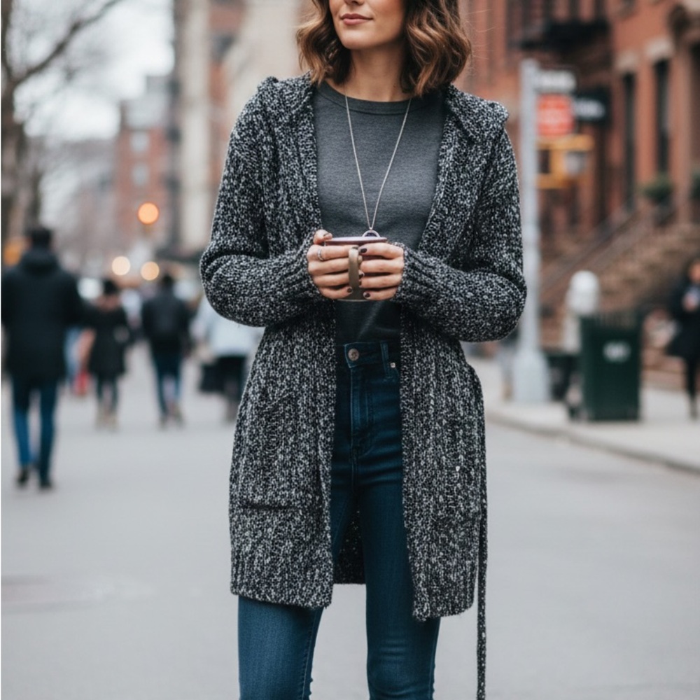 DOMANI Elegant Black and White Knit Long Sleeve sweater/ cardigan. 55% Ramie